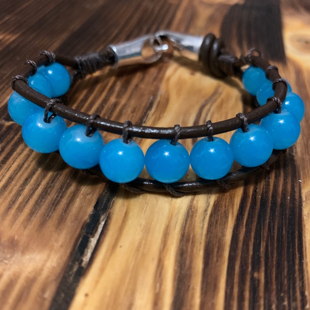 Turquoise Glass Beaded Leather Bracelet
